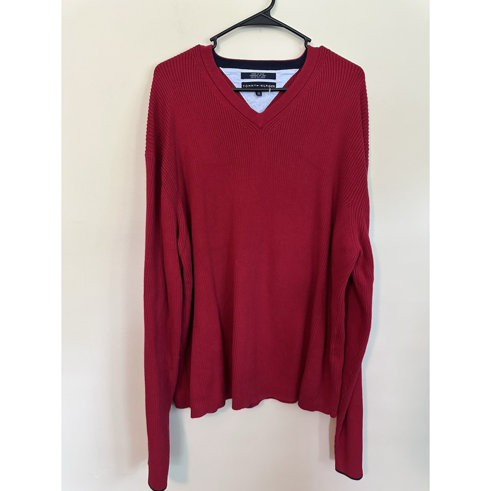 Tommy Hilfiger 100% Cotton Red Long‎ Sleeve V-Neck Sweater Size 2XL